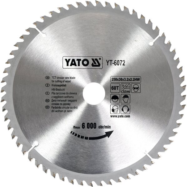 YATO Kovametalliteräinen pyörösahanterä puulle 250×30 mm, 60 hammasta