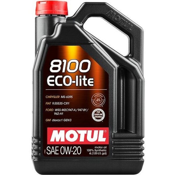 MOTUL 8100 ECO-lite 0W-20 pilnībā sintētiska motoreļļa 4L (API SQ, GM Dexos1 Gen3)